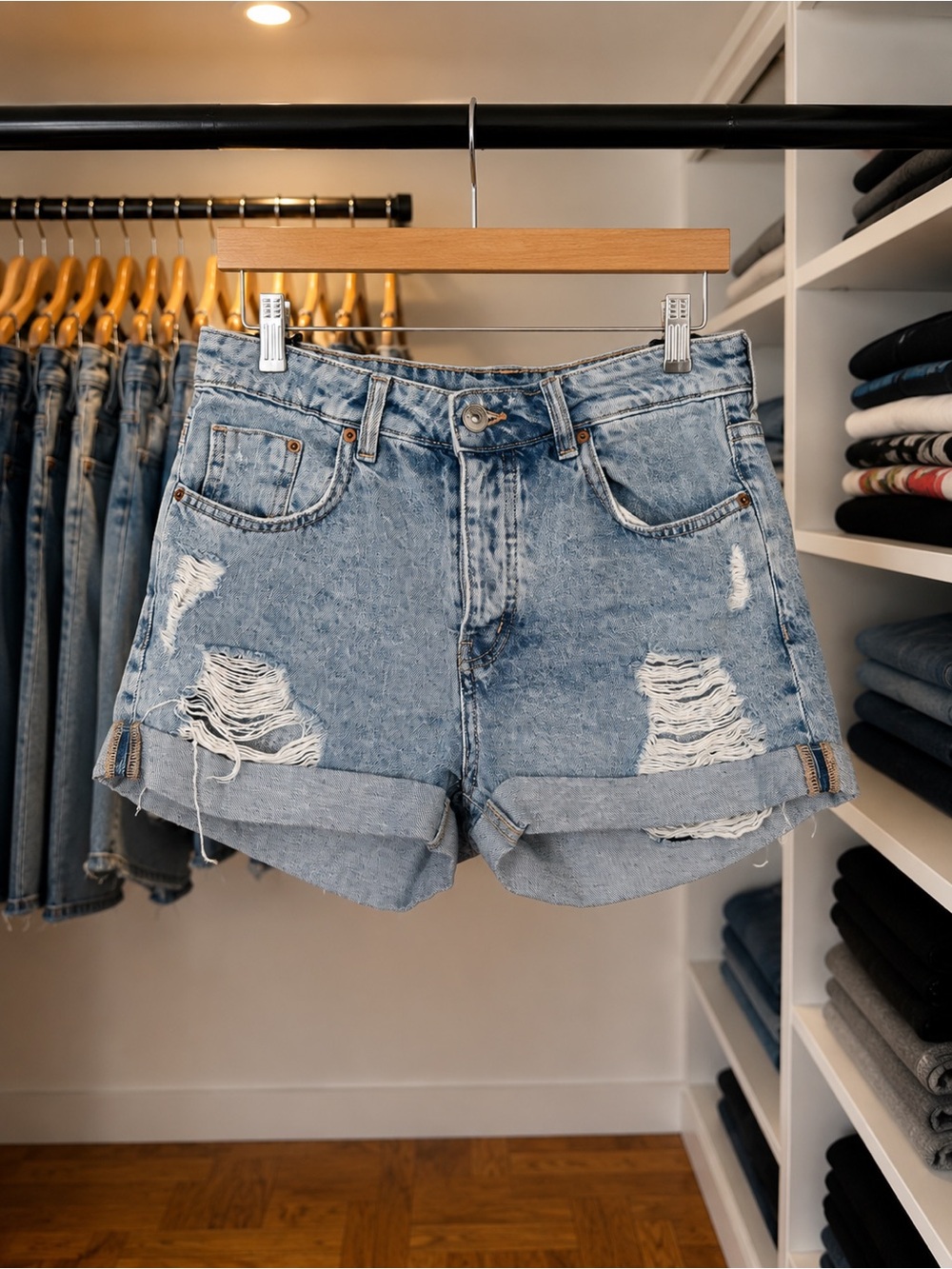 H&M Light Blue Distressed Roll-Cuff Denim Shorts | Festival Summer Denim